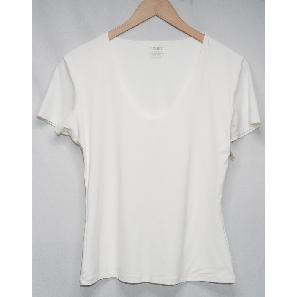 PUMIEY V-Neck T-Shirt Women Extra Large White Short Sleeve Stretch Top - Picture 1 of 8